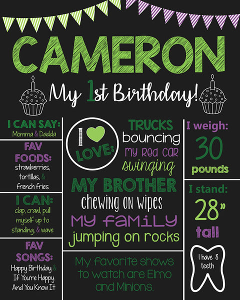1st Birthday Chalkboard Sign- Green - Purple - Printable Poster