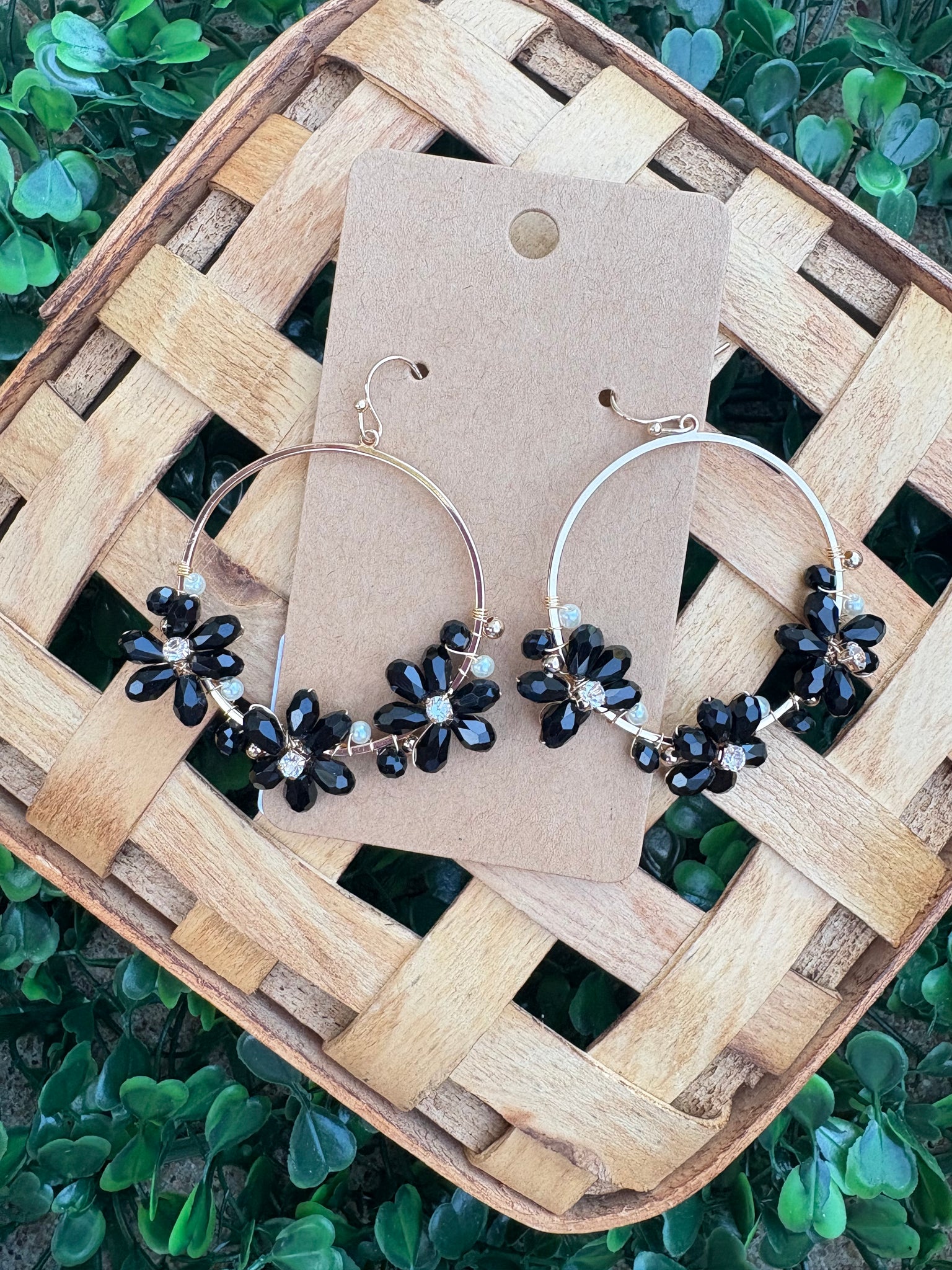 Black & Gold Floral Circle Earrings