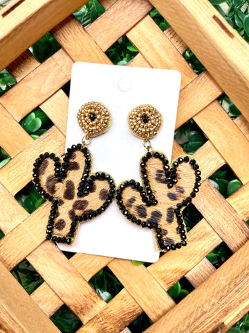 Leopard Black Cactus Beaded Earrings