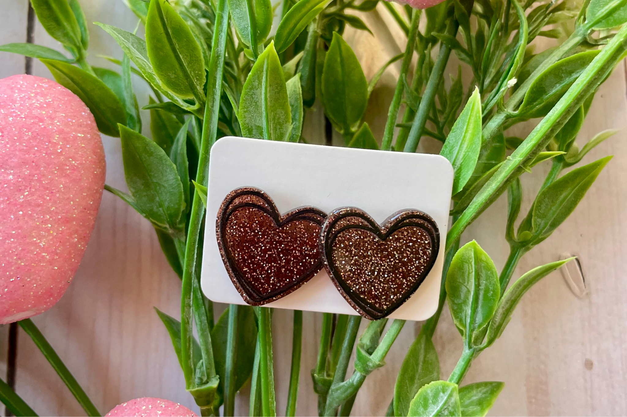 Brown Glitter Heart Studs