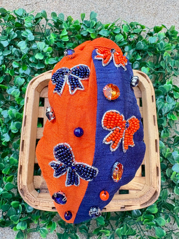 Orange & Navy Bow Beaded Headband