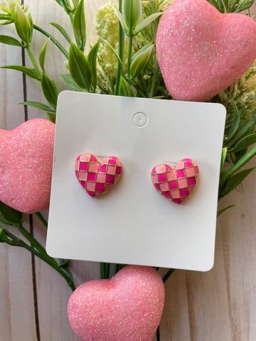 Pink Checkered Heart Studs