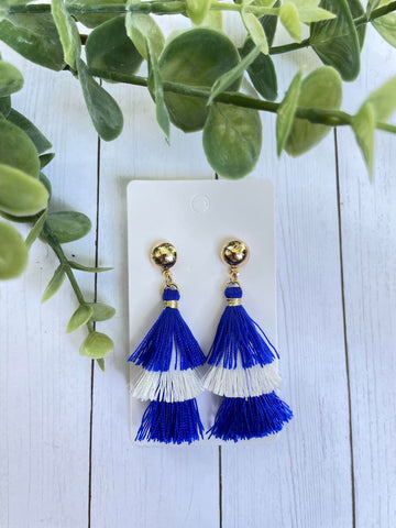 Blue & White triple stack fringe earrings