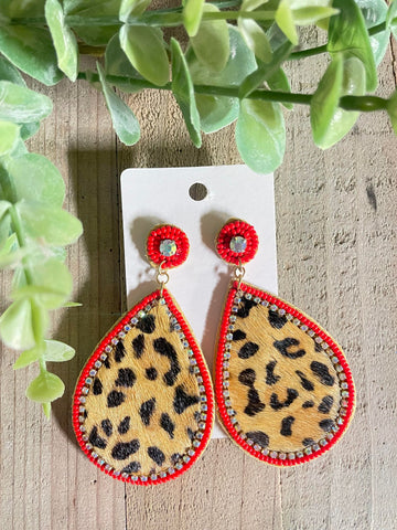 Leopard + Red teardrop earrings