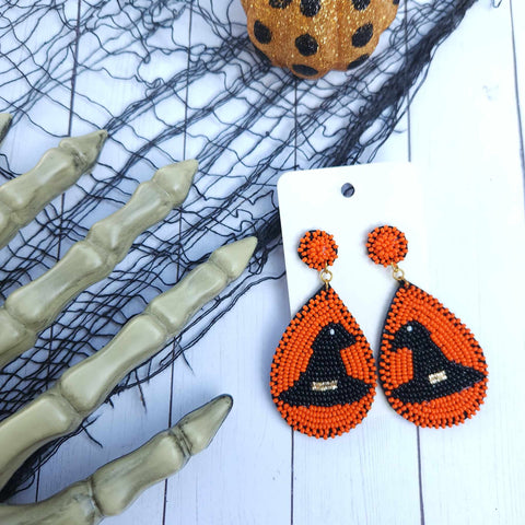 Witch Hat beaded orange teardrop earrings