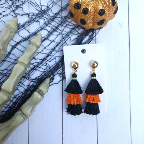 Orange & Black Fringe Triple Stack Earrings