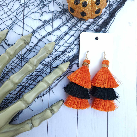 Orange & Black triple stack fringe earrings