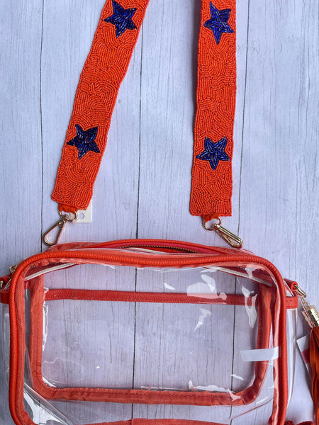 Orange with Navy stars beaded purse strap