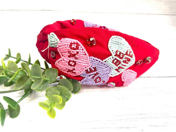 CONVERSATION HEARTS RED KNOTTED HEADBAND