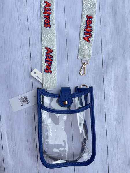 White with Navy & Orange beaded purse strap