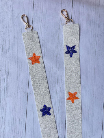 White with Navy & Orange stars beaded purse strap