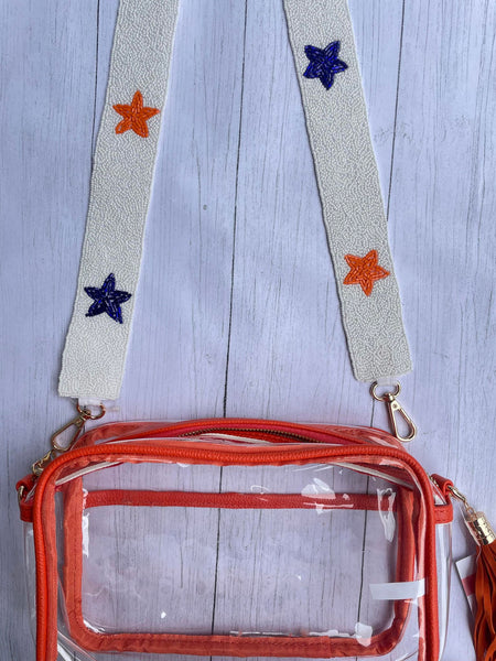 White with Navy & Orange stars beaded purse strap
