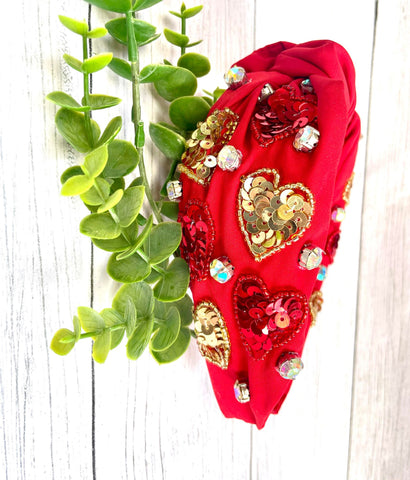 HEART OF GOLD RED SEQUIN KNOTTED HEADBAND