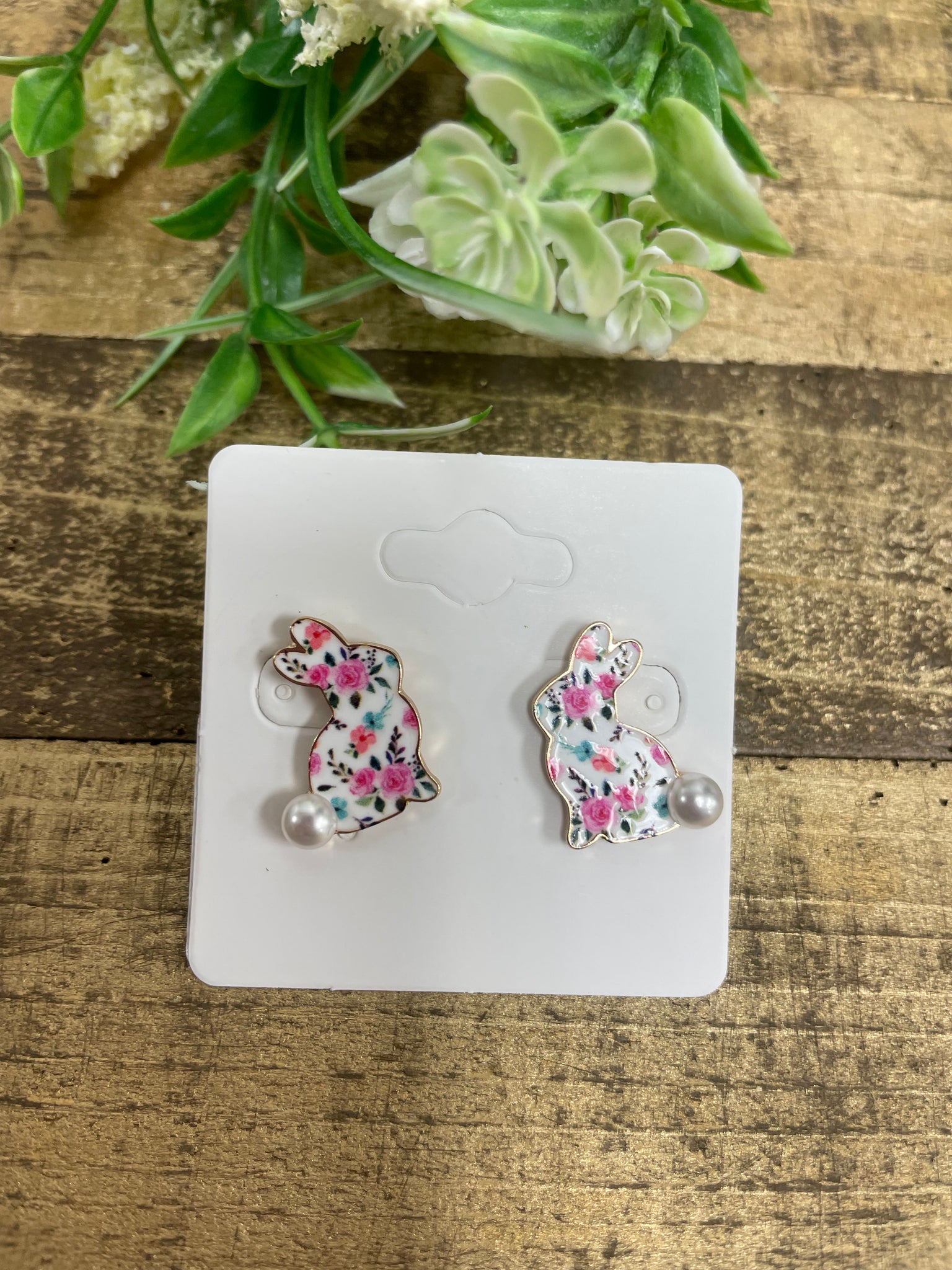 Pink Floral Bunny Studs