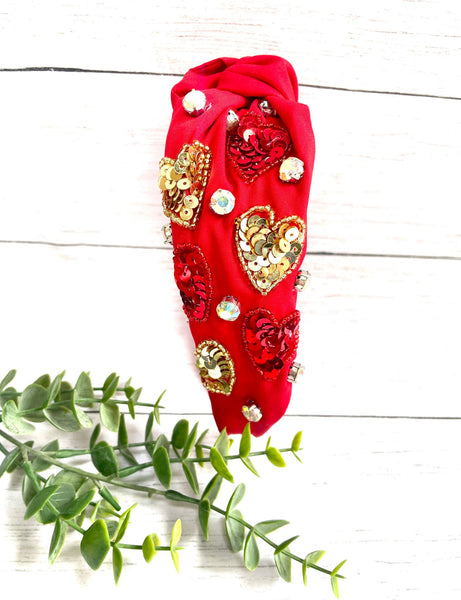 HEART OF GOLD RED SEQUIN KNOTTED HEADBAND