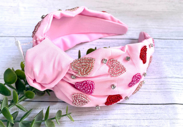 HEART SCATTER PINK BEADED KNOTTED HEADBAND