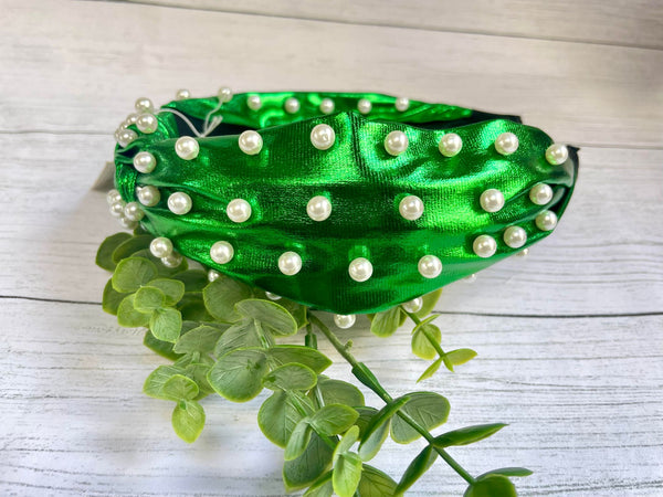 GREEN SHINY LEATHER PEARL KNOTTED HEADBAND