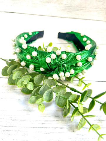 GREEN SHINY LEATHER PEARL KNOTTED HEADBAND