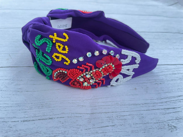 PURPLE 'LETS GET CRAY' SEED BEAD KNOTTED HEADBAND
