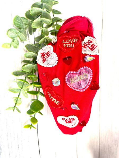 CANDY HEARTS RED KNOTTED HEADBAND