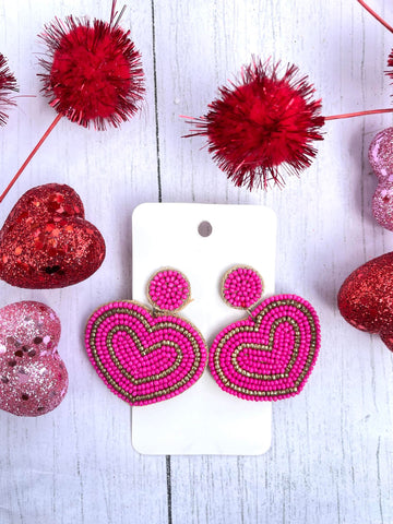 Hot Pink beaded Heart Valentine Earrings