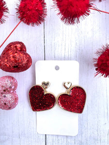 Red Glitter Heart Valentine Earrings