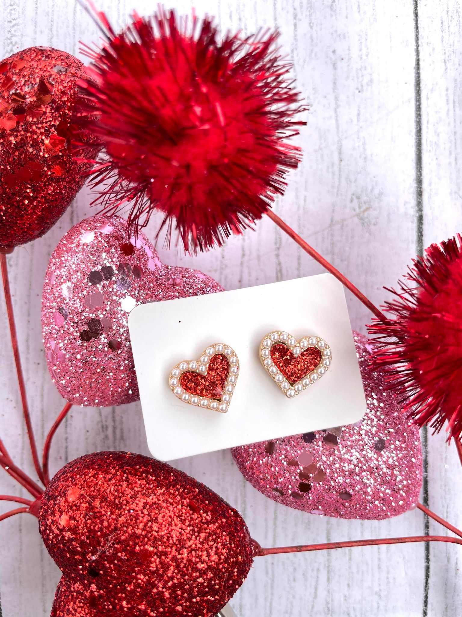 Red & Pearl Heart Studs