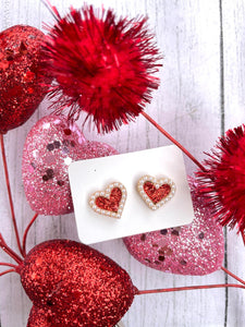 Red & Pearl Heart Studs