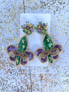 Mardi Gras Time Fleur De Lis Beaded Earrings