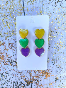 Triple Hear Gold, Green, & Purple Earrings