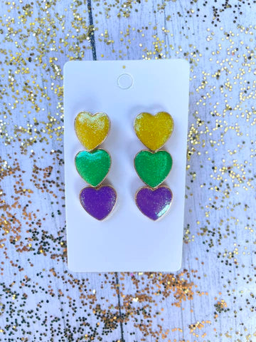 Triple Hear Gold, Green, & Purple Earrings