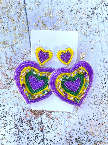 Mardi Gras Heart Beaded Earrings