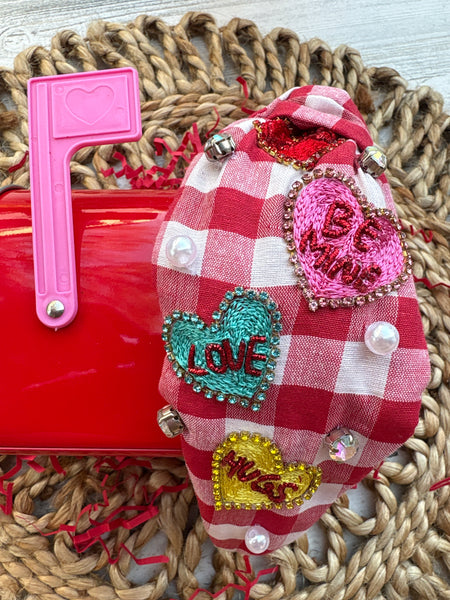 Red Plaid Hearts Headband