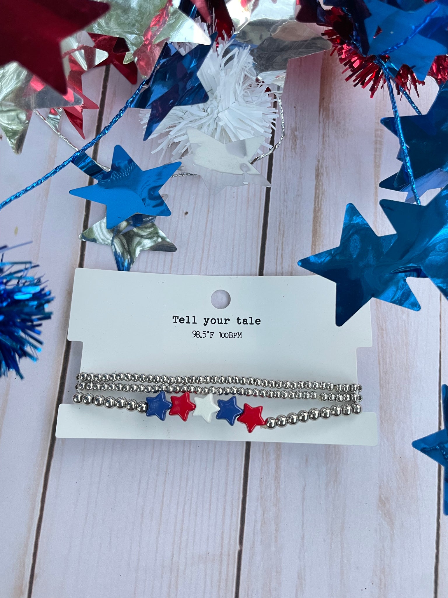 Red, White, & Blue silver beaded bracelet set