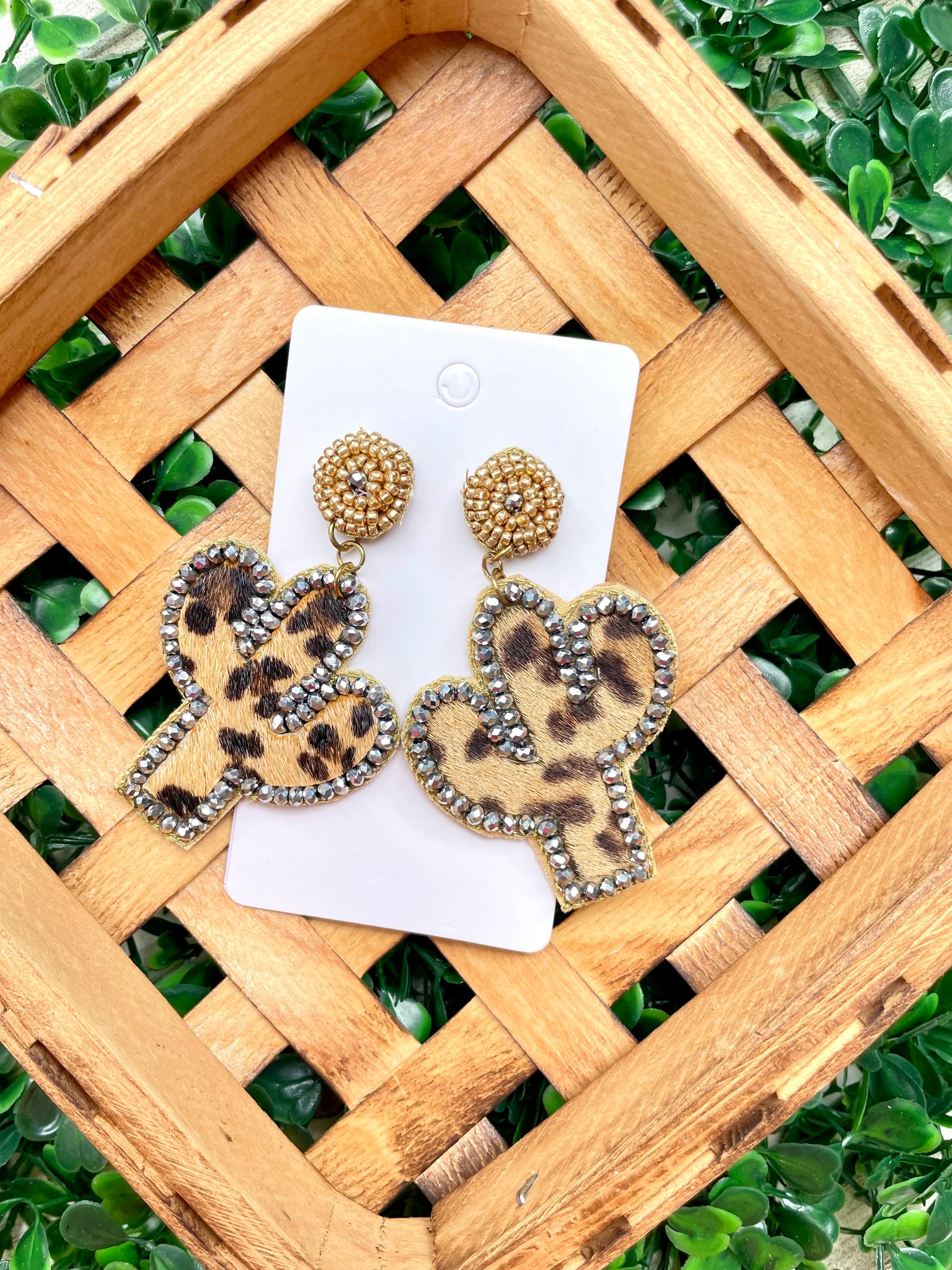Silver Leopard Cactus Beaded Earrings