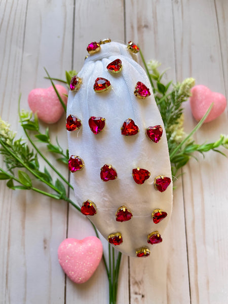 WHITE & PINK HEART STUDS KNOTTED HEADBAND
