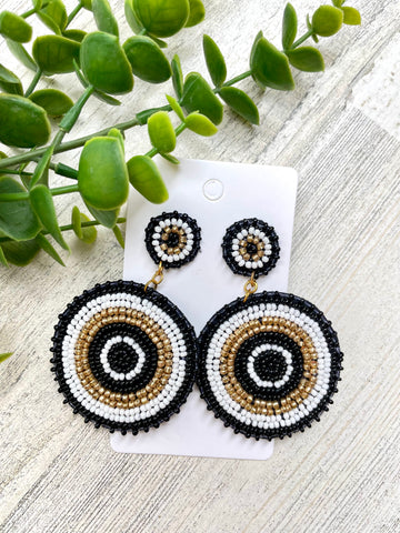 Circle Gold, Black, & White Beaded Earrings