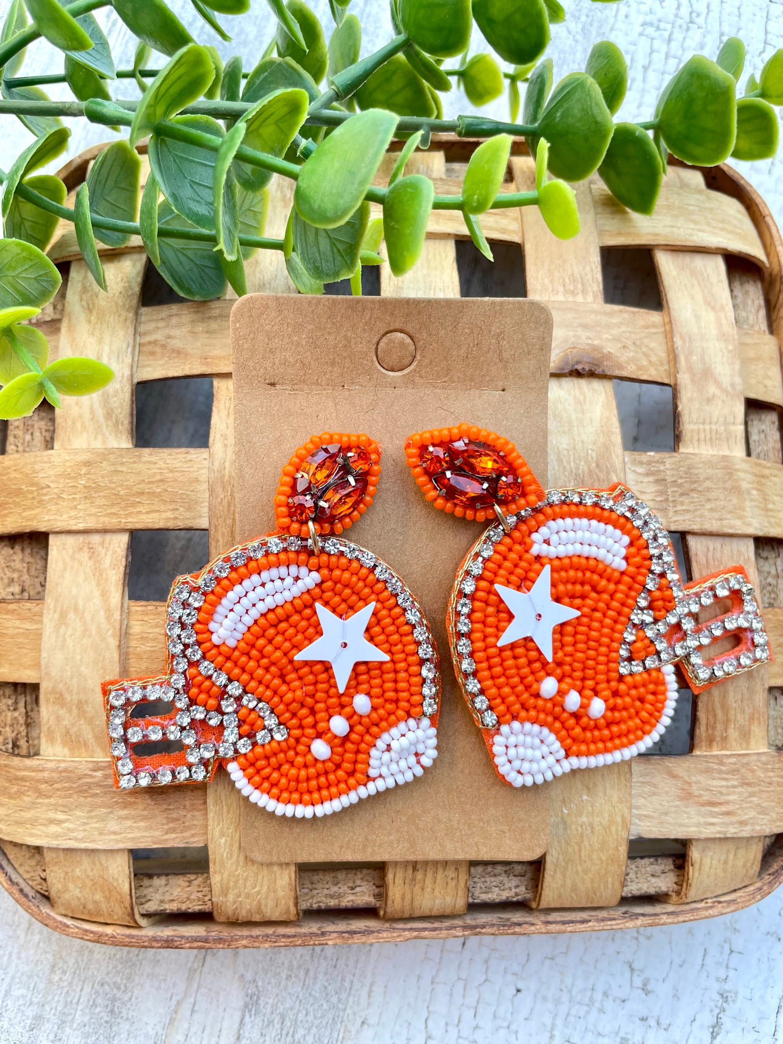 Orange Beaded Football Helmet Earrings