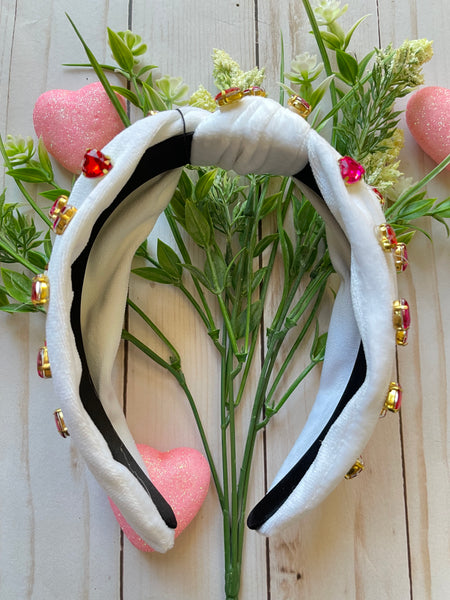 WHITE & PINK HEART STUDS KNOTTED HEADBAND
