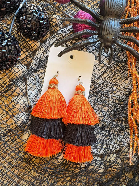 Orange & Black triple stack fringe earrings