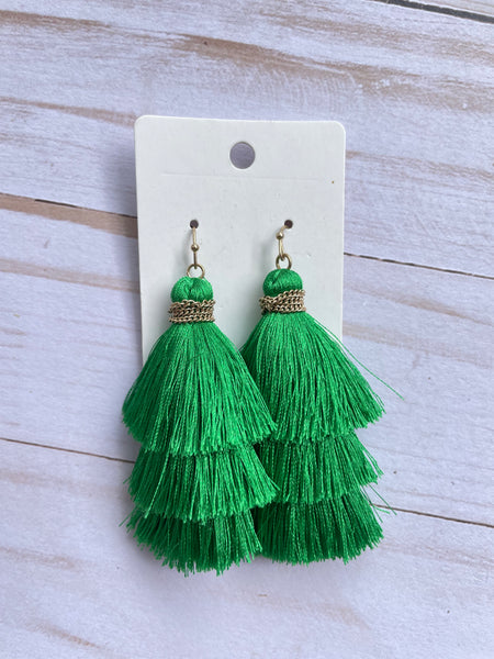 Green Triple Stack Fringe Earrings