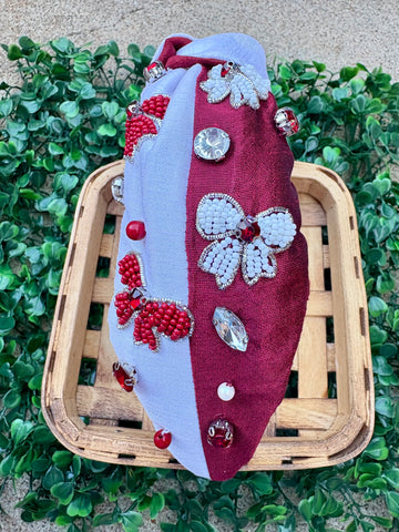 Maroon & White Bow Beaded Headband