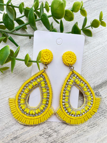 Yellow Beaded Teardrop Earrings