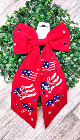 Red Bow Flag Beaded Hair Bow