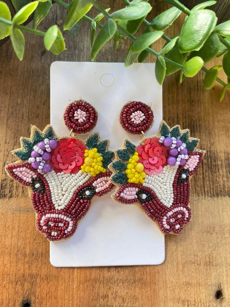 Floral Cow beaded earrings