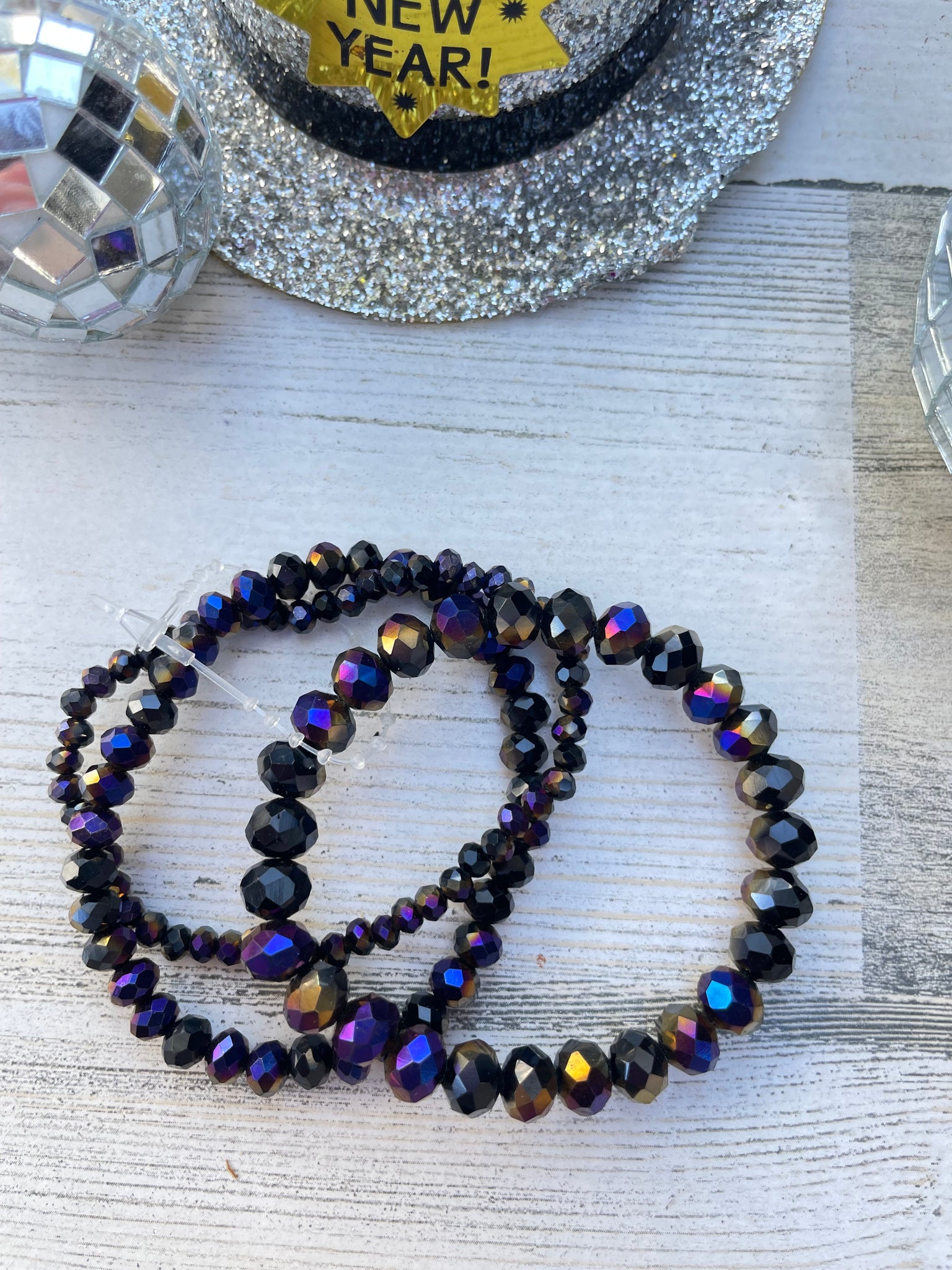 Triple Stack Black/Gold Iridescent beaded bracelet set