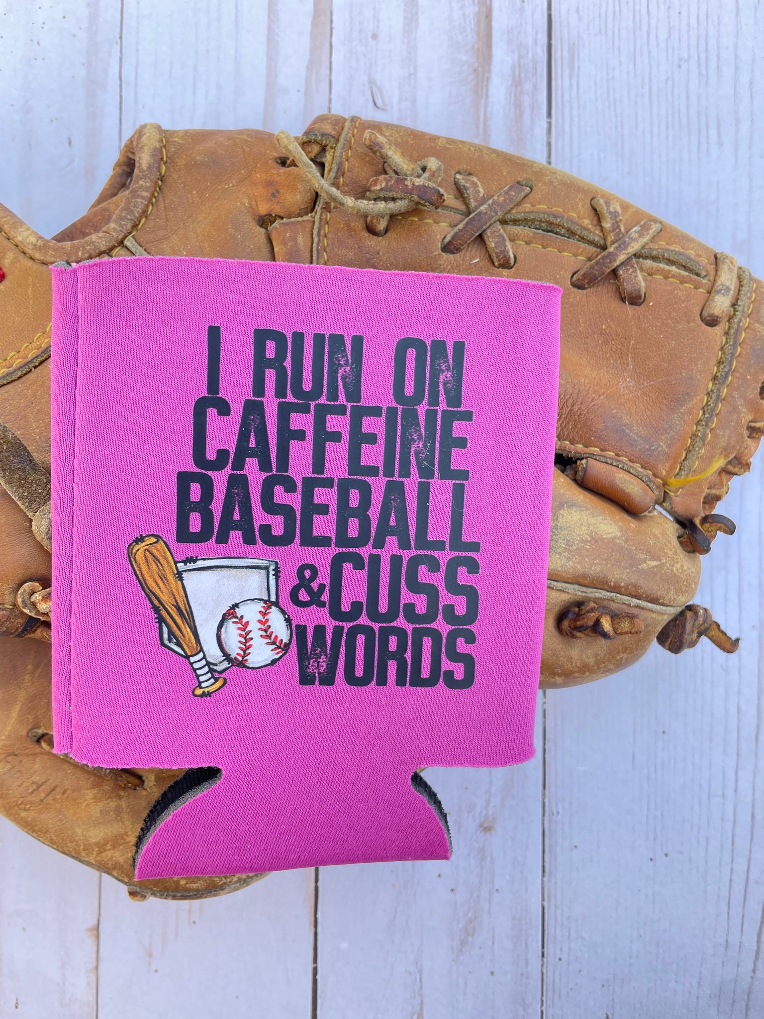 I run on caffeine & baseball pink can holder