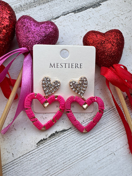 Pink Double Heart Rhinestone Earrings