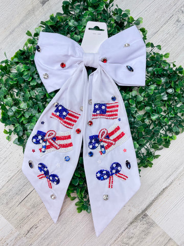 White Bow Flag Beaded Hair Bow