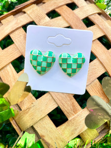 Green Checkered Heart studs